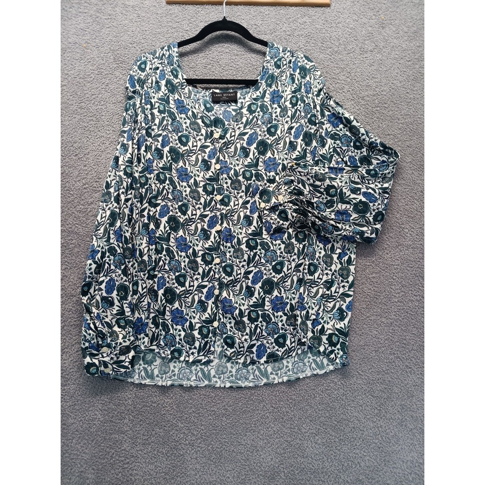 Lane Bryant Floral Blouse 22/24 Women Blue Green Button Front Top Silky Fairy